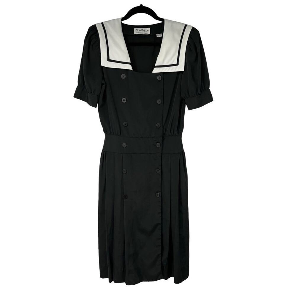 Albert Nipon Executive Black White Sailor Vintage Dress with Pockets
